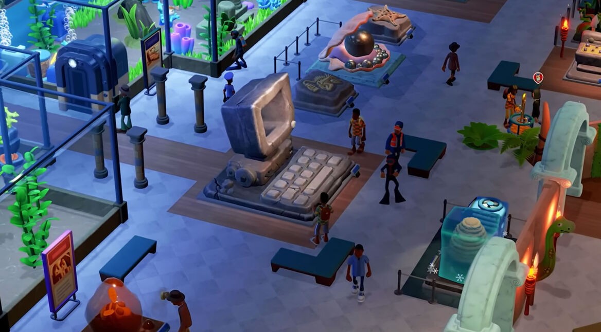 Ein mittelgroßes Museum mit einigen Besucher:innen in Two Point Museum