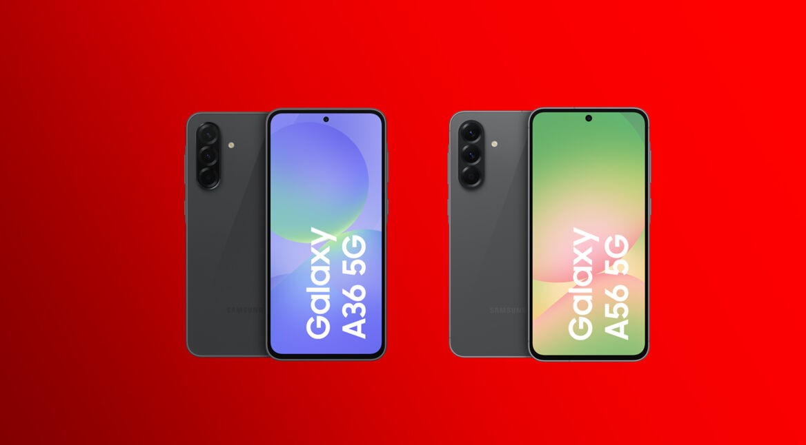 Auf dem Bild sind die neuen Smartphones Samsung Galaxy A36 & A56 zu sehen. Beide Geräte werden in einer schwarzen Farbvariante präsentiert, mit großem Display und einer Triple-Kamera auf der Rückseite. Das Samsung Galaxy A36 5G hat ein blau-grünes Displaydesign, während das Samsung Galaxy A56 5G in Grün-Rot erscheint. Der Hintergrund ist leuchtend rot.