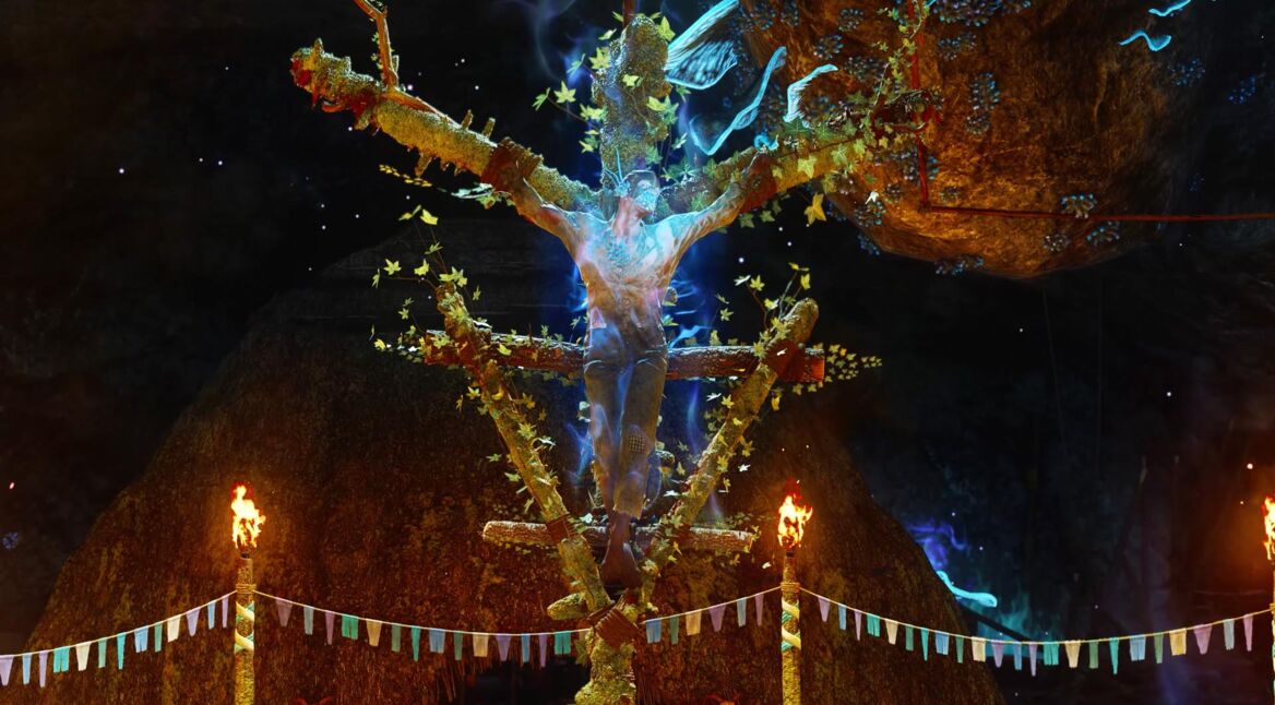 Ein Mutant hängt an einem Kreuz in Atomfall.