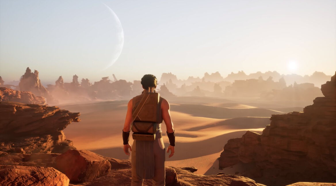 Ein:e Spieler:in steht auf einer Felsformation in Dune: Awakering.