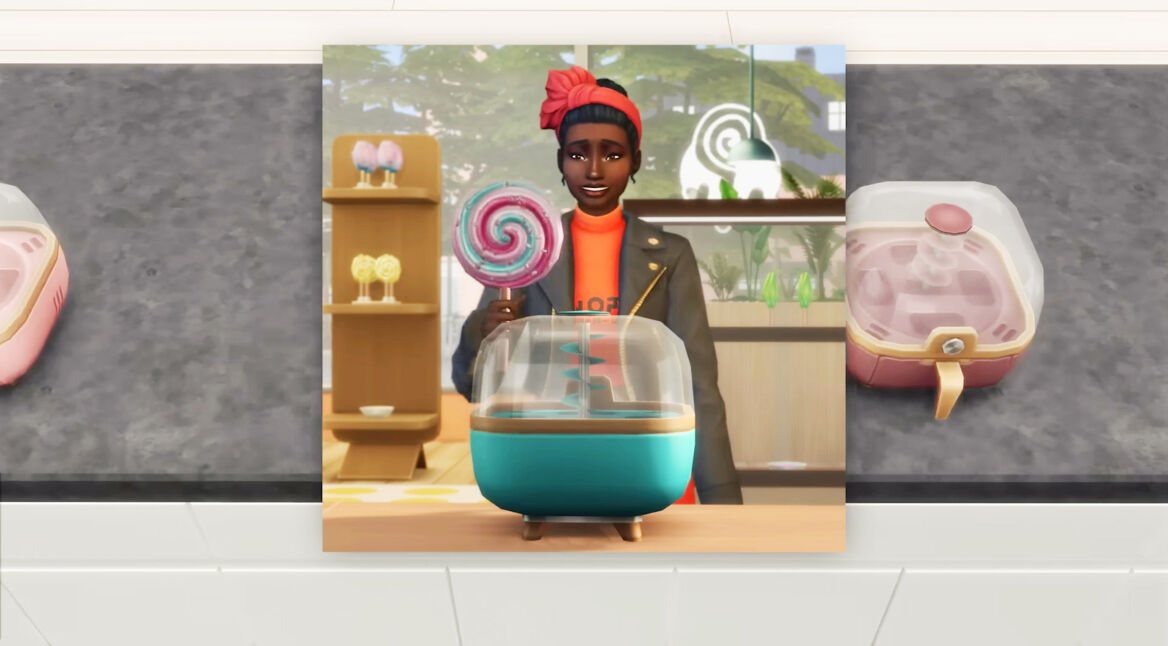 Ein Sim steht in „Sims 4“ vor einer Küchenmaschine und hat einen Lolli in der Hand.