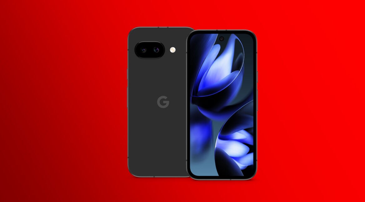 Auf diesem Hands-on-Foto ist das Google Pixel 9a in der Farbe Schwarz vor einem kräftig roten Hintergrund zu sehen. Links ist die Rückseite mit der Kameraeinheit und dem Google-Logo erkennbar, rechts das Display mit abstraktem blauen Wallpaper. Das Design wirkt minimalistisch und hochwertig – passend zur modernen Mittelklasse-Serie von Google.