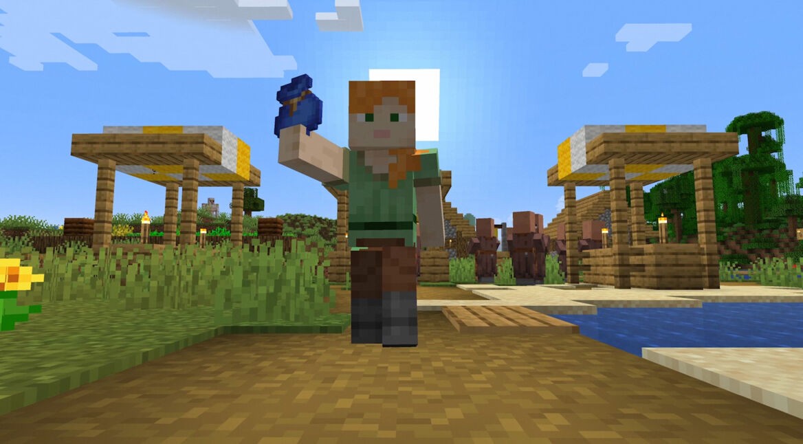 Auf dem Bild in dem Artikel zu den Minecraft-Fakten ist der Charakter Alex aus dem Spiel Minecraft zu sehen. Sie hält einen blauen Papagei in der Hand und steht im Zentrum eines Dorfs mit Holzständen und mehreren Dorfbewohner:innen im Hintergrund. Die Szene wirkt lebendig und freundlich, typisch für die detailreiche Spielwelt von Minecraft.