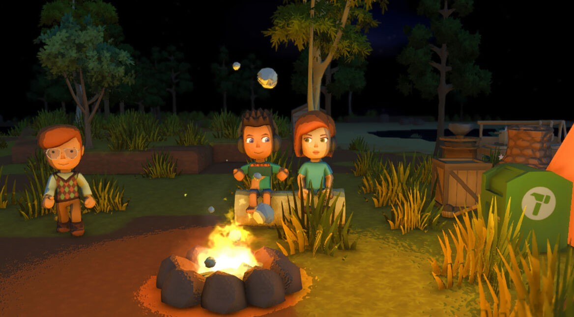 Theodore und zwei Spieler:innen halten sich in „Dinkum“ in der Nähe eines Lagerfeuers auf.