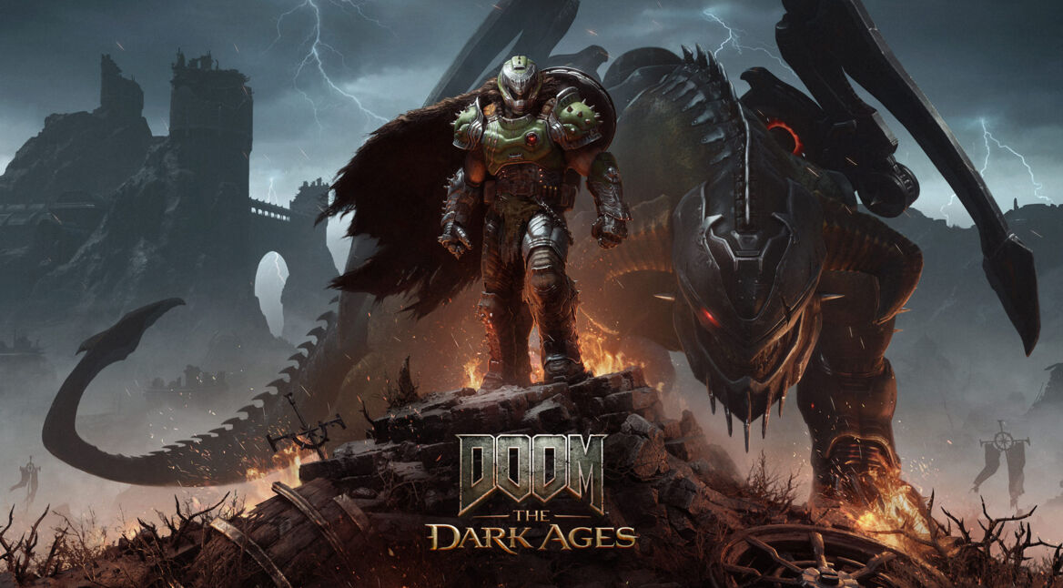 Auf dem Bild zum Spiel Doom: The Dark Ages Test ist der Doom Slayer in schwerer, grüner Rüstung mit schwarzen Schulterplatten und bedrohlicher Haltung zu sehen. Im Hintergrund erhebt sich ein riesiger, drachenähnlicher Mech mit leuchtenden roten Augen. Die Szene wirkt düster, apokalyptisch und energiegeladen, mit rauchigen Ruinen und zuckenden Blitzen im Himmel.