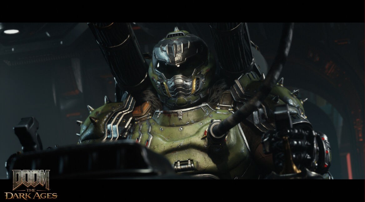 In diesem Bild zu Doom: The Dark Ages Tipps und Tricks im Guide ist der Doom Slayer in einer wuchtigen, mittelalterlich gepanzerten Rüstung mit Stacheln und schweren Kanonen zu sehen. Die düstere Szenerie und die detailreiche Ausleuchtung betonen die bedrohliche und kraftvolle Ausstrahlung der Figur, die bereit für den Kampf wirkt.