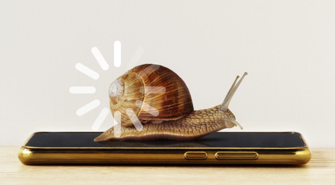 Eine Schnecke kriecht über ein Handy.