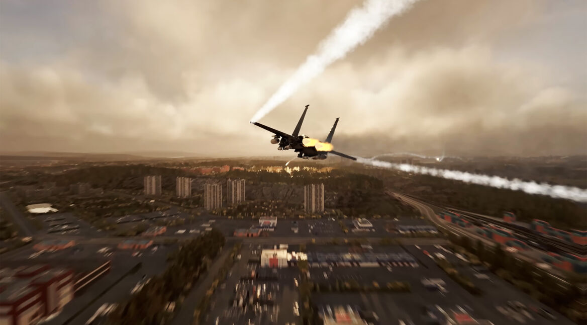 Ein Flugzeug stürzt in „Broken Arrow“ über einer Stadt ab.