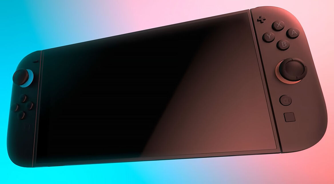 Die Nintendo Switch 2 vor blau-rotem Hintergrund