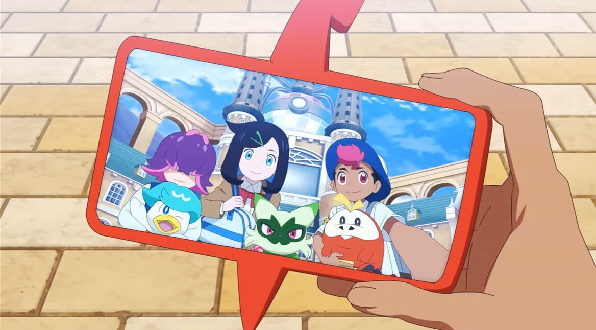 Die drei Protagonist:innen aus „Pokémon Horizonte“ mit ihren Pokémon Krokel, Felori und Kwaks.