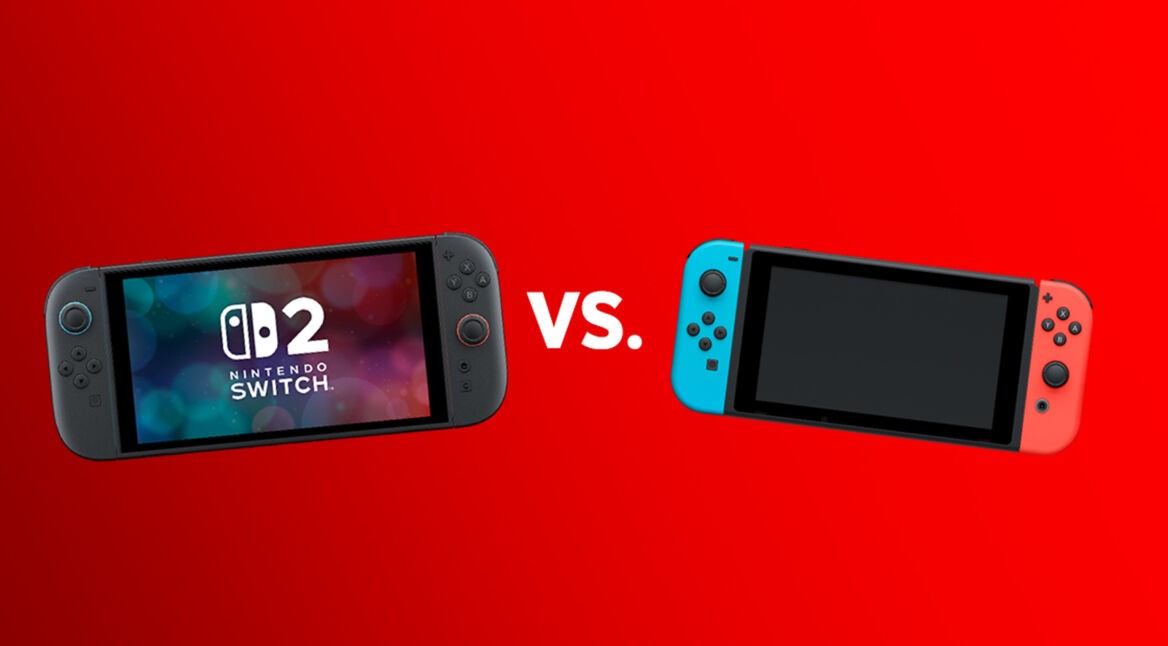 Das Bild zeigt einen direkten Vergleich zwischen der Nintendo Switch 2 (links) und der Nintendo Switch 1 (rechts) auf rotem Hintergrund. Zwischen den beiden Konsolen steht prominent ein „vs.“, das den Kontrast unterstreicht. Die Darstellung macht die Switch 2 vs. Switch 1 Unterschiede in Design, Displaygröße und Joy-Con-Form auf einen Blick deutlich.