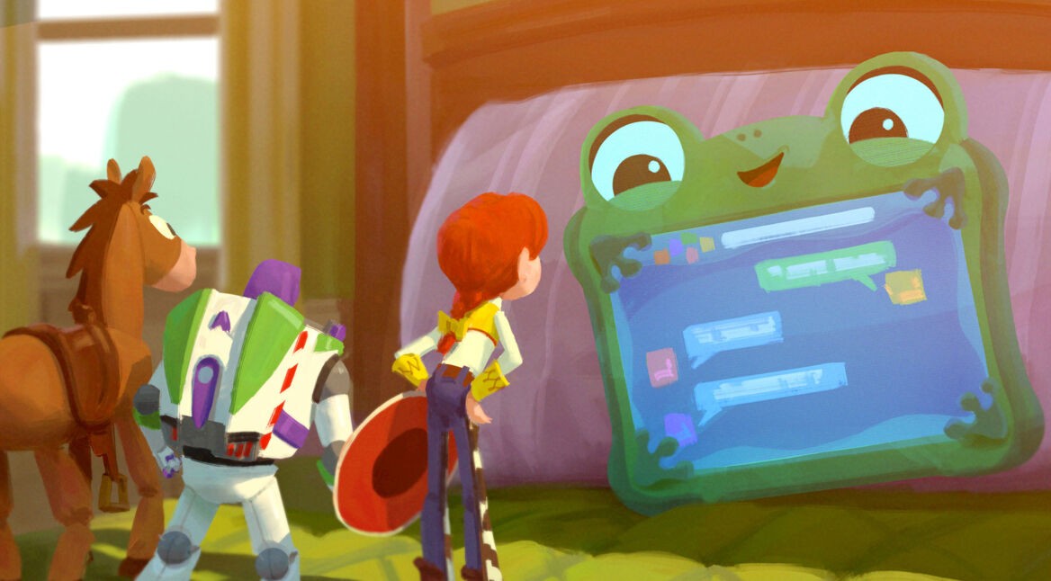 Diese Zeichnung zu Toy Story 5 zeigt Buzz Lightyear, Jessie und das Pferd Bullseye in einem Kinderzimmer, wie sie vor einem großen, fröhlich dreinblickenden Frosch mit Bildschirmgesicht stehen. Auf dem Bildschirm sind bunte Chatblasen zu sehen.