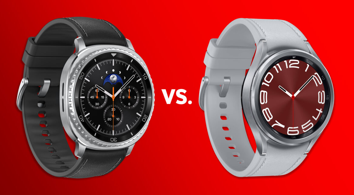 Die Samsung Galaxy Watch8 Classic und die Galaxy Watch6 vor rotem Hintergrund.