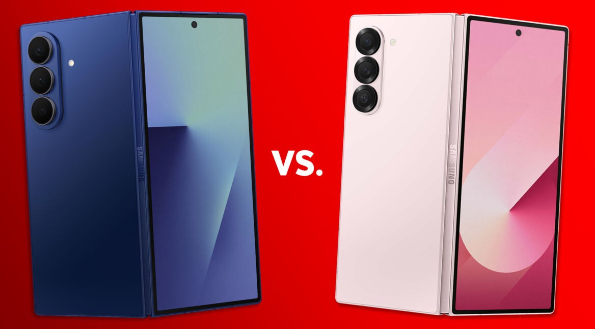 Das Samsung Galaxy Fold7 und das Galaxy Fold6 vor rotem Hintergrund.