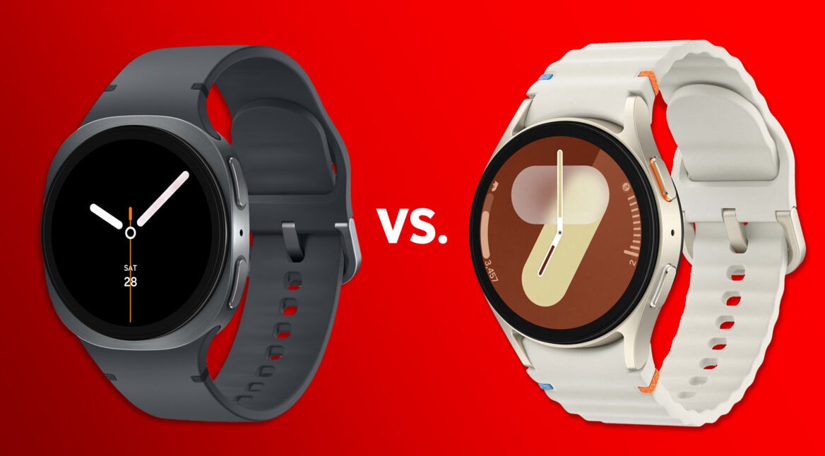 Die Samsung Galaxy Watch8 und die Galaxy Watch7 vor rotem Hintergrund.