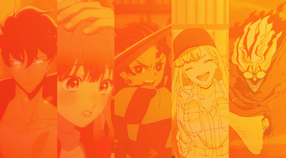 Zusammenschnitt aus Szenen der Animes „My Dress-Up Darling“, „A Sign of Affection“, „DAN DA DAN“, „Demon Slayer“ und „Solo Leveling“.