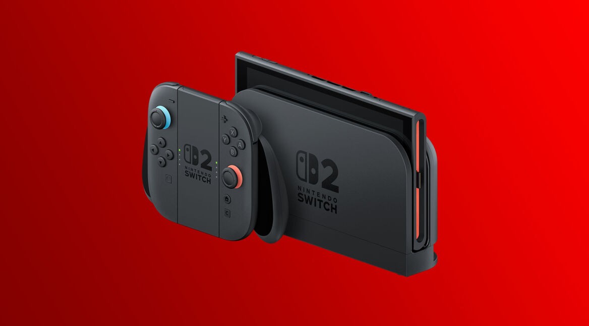 Die Nintendo Switch 2 im stationären Modus mit zwei Joy-Cons vor rotem Hintergrund.