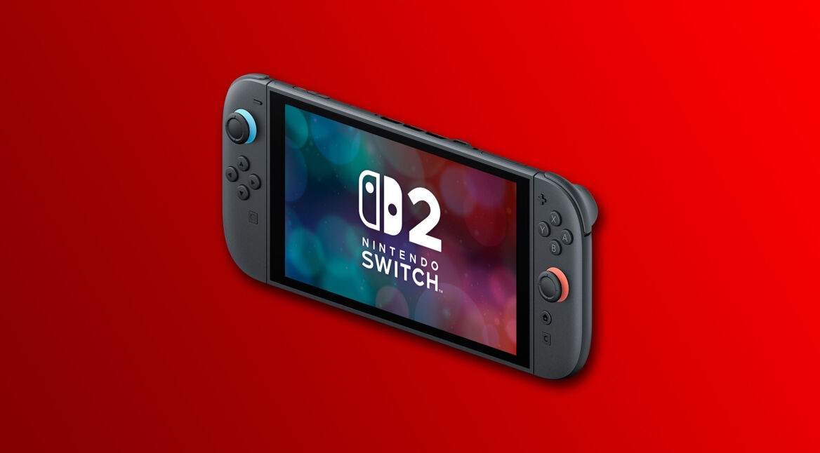 Eine Nintendo Switch 2 vor rotem Hintergrund.