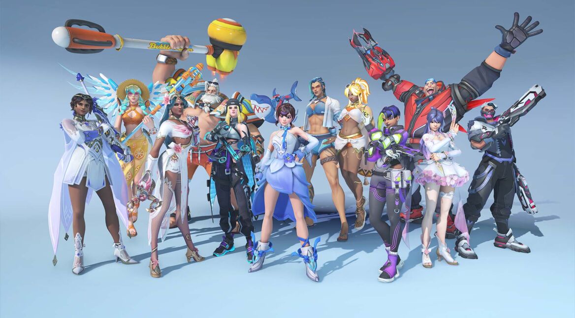 Held:innen aus „Overwatch 2“ mit Skins aus Season 18 vor blauem Hintergrund.