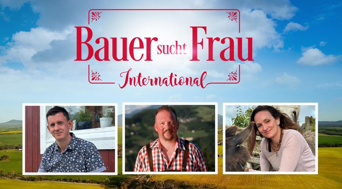 Auf dem Bild zu Bauer sucht Frau International 2026 ist das Logo der Sendung zu sehen. Darunter sind drei Porträts von Kandidat:innen aus verschiedenen Ländern eingeblendet.