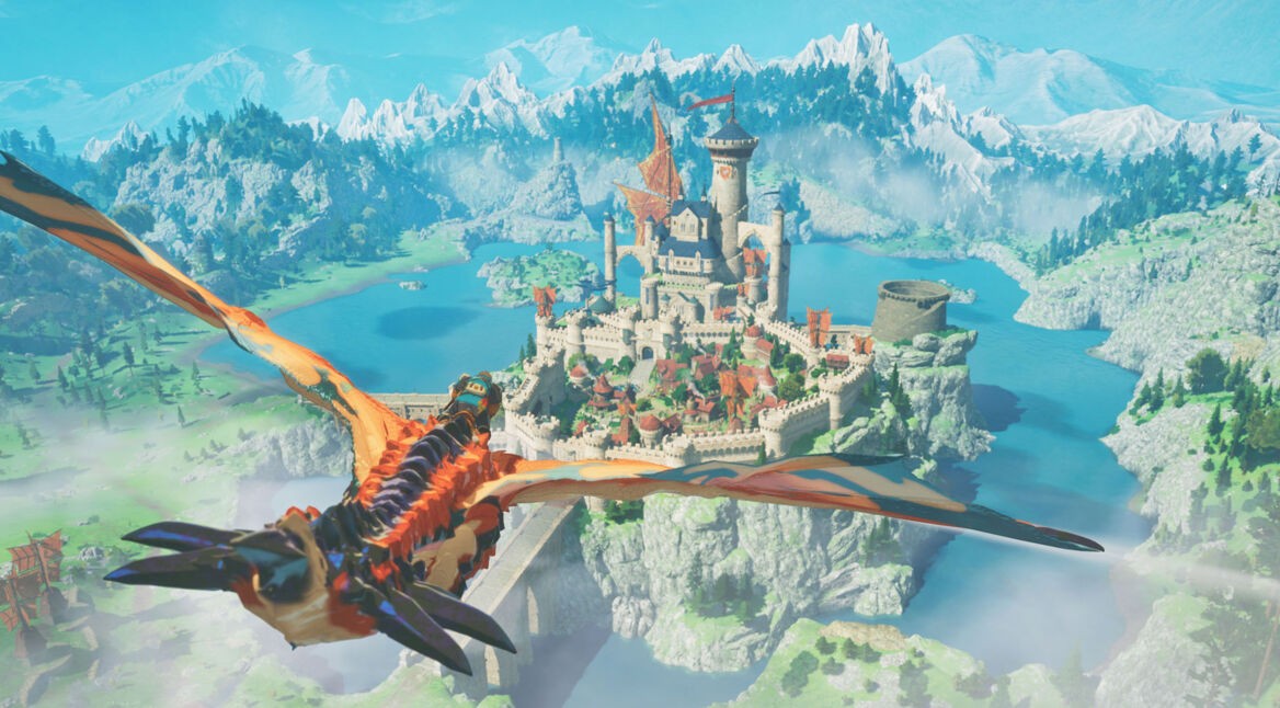 In dieser Szene aus Monster Hunter Stories 3 fliegt ein Reiter auf einem feurig gefärbten Rathalos über die mittelalterlich anmutende Stadt Azuria, die auf einem Felsplateau zwischen Seen und Bergen liegt. Die imposante Burg im Zentrum ist von roten Bannern geschmückt. Die Stimmung wirkt abenteuerlich und fantasievoll