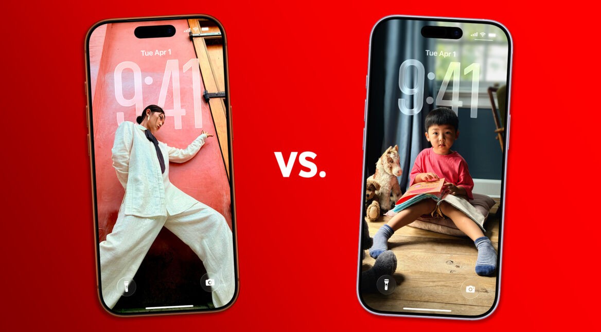 Das iPhone 17 und das iPhone 17 Pro nebeneinander, vor rotem Hintergrund.