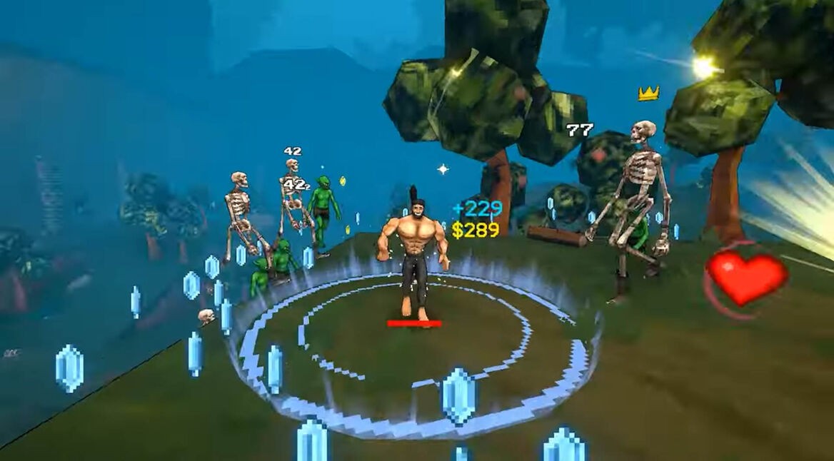 Ein Spieler kämpft in „MEGABONK“ gegen Kreaturen und sammelt Edelsteine ein.