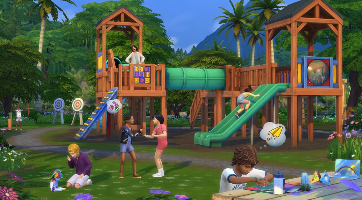 Das Bild aus Die Sims 4 Auf ins Abenteuer! zeigt einen Spielplatz. Sims-Kinder rutschen, basteln, schaukeln oder interagieren miteinander.