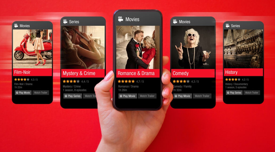 Auf dem Bild zu Rating Plattformen ist eine Hand zu sehen, die ein Smartphone mit Streaming-Vorschlägen hält. Um das Handy schweben vier weitere Bildschirme mit Serien und Filmen aus Genres wie Romance & Drama, Comedy oder Mystery & Crime. Jeder Titel ist mit Sternen bewertet und zeigt die Spielzeit oder Episodenzahl.