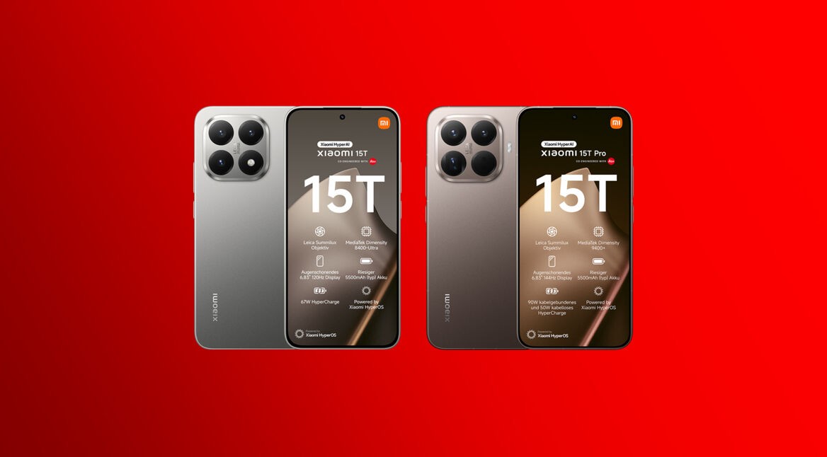 Auf dem Bild ist das Xiaomi 15T in Gray und das Xiaomi 15T Pro in Mocha Gold zu sehen.