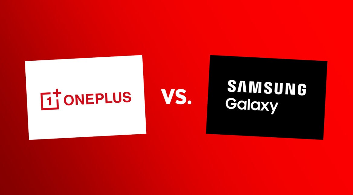 Die Logos von OnePlus und Samsung Galaxy sind nebeneinander zu sehen.