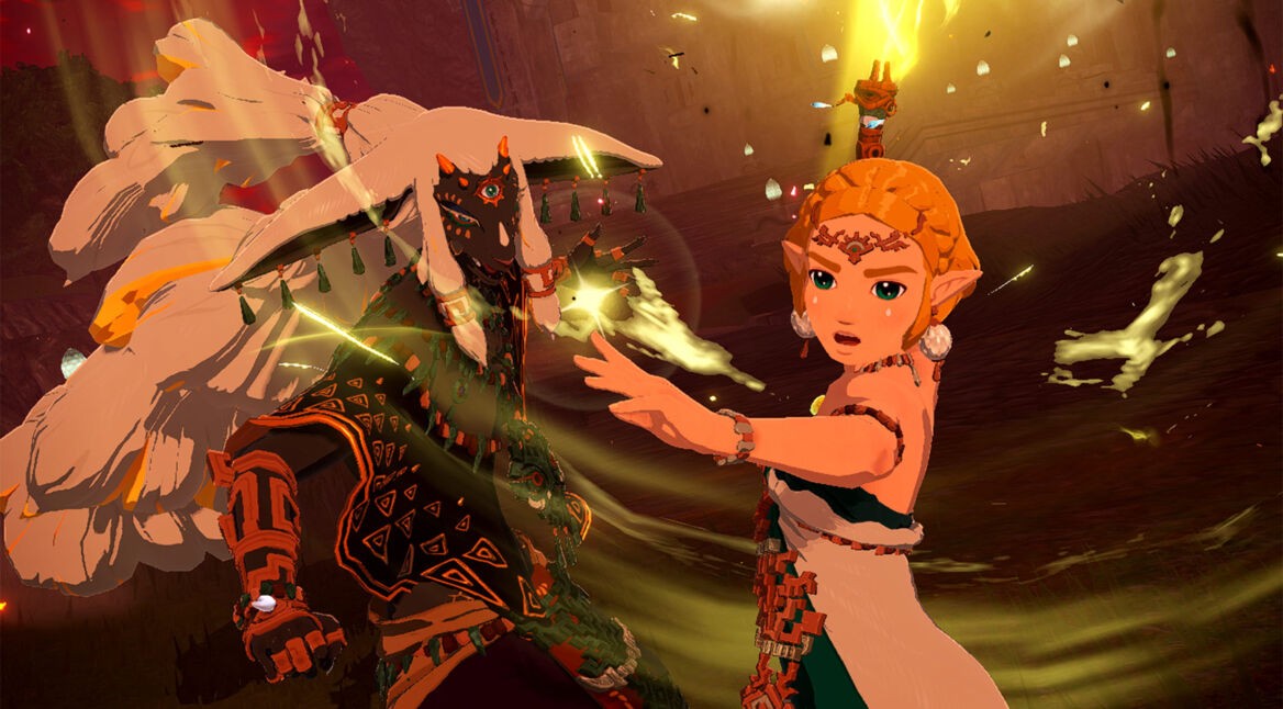 Auf diesem Bild aus Hyrule Warriors: Chronik der Versiegelung stehen Prinzessin Zelda und König Rauru Seite an Seite inmitten eines magischen Angriffs. Zelda streckt entschlossen die Hand nach vorn, ihre Augen voller Konzentration. Rauru wirkt mächtig und beschwört Energie mit erhobener Hand. Die Szene leuchtet in Goldtönen – ideal für Hyrule Warriors: Chronik der Versiegelung Tipps.