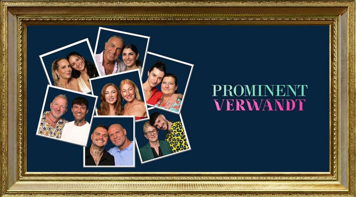 In der Collage zur Sendung Prominent verwandt sind alle prominenten Teilnehmer:innen mit ihren Angehörigen zu sehen – daneben steht der Showtitel.