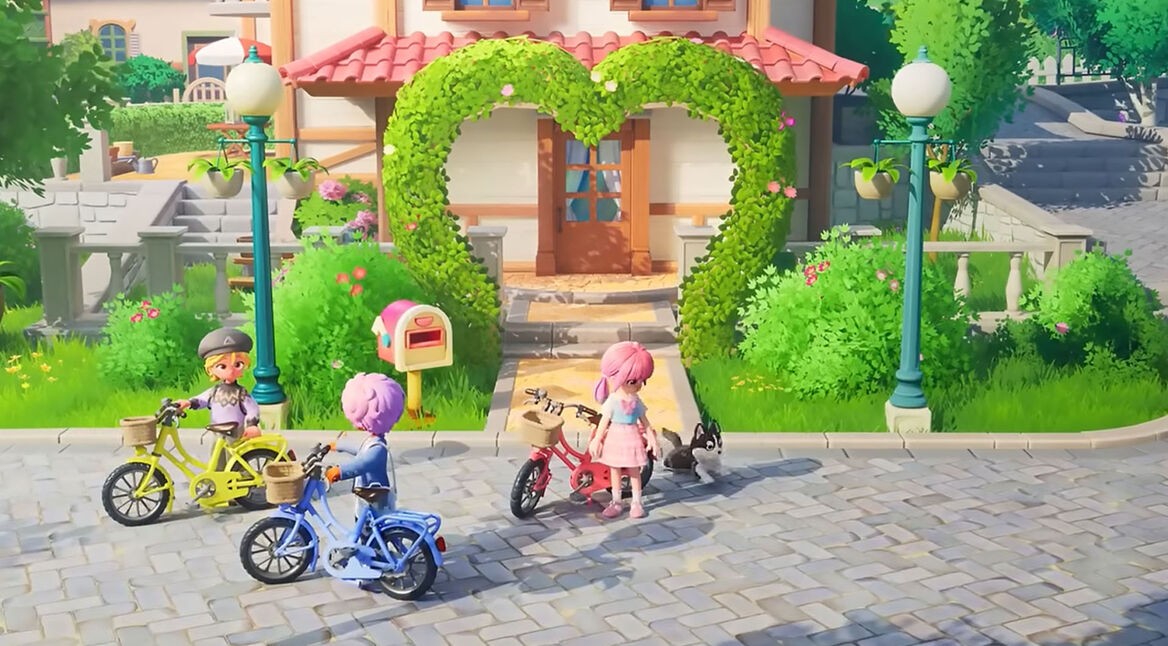 Drei Spielende vor einem Haus in „Heartopia“.