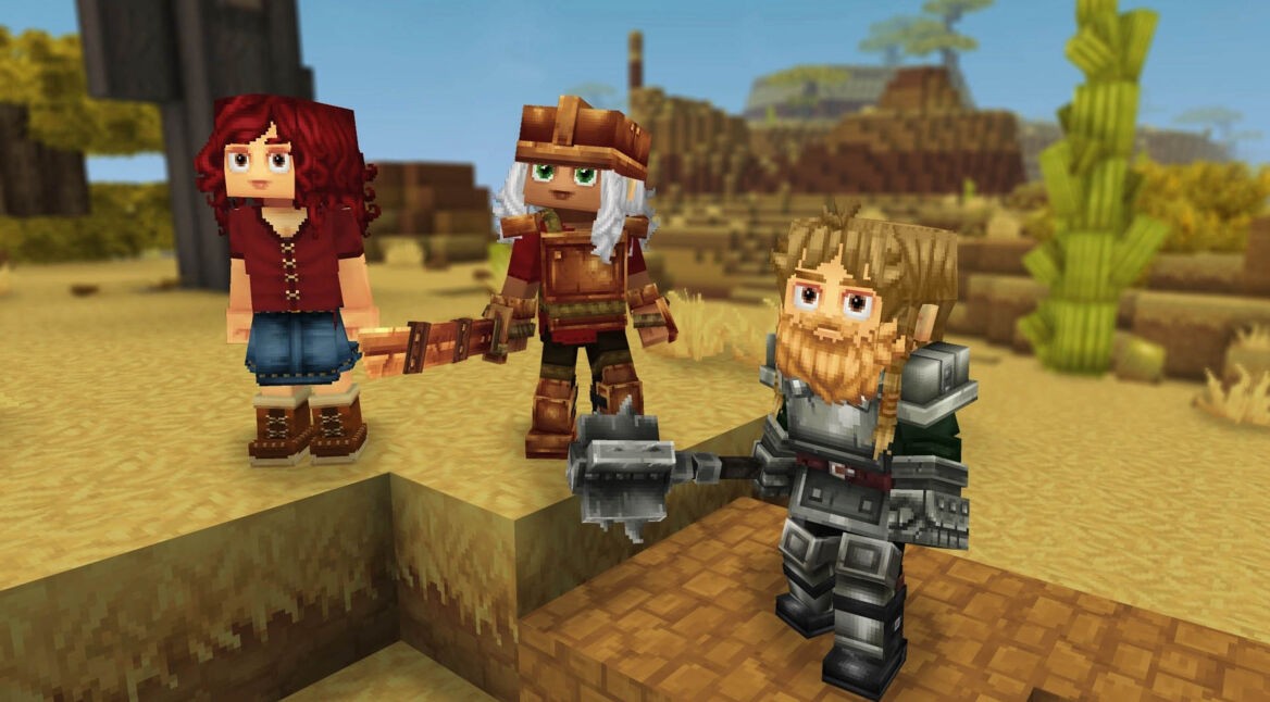 Drei Spielende streifen durch die Welt von „Hytale“.