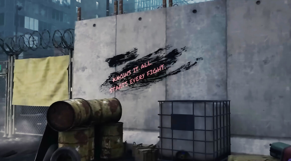 Ein Graffiti an einer Wand aus der Quest „Frag Deine Mama“ in „Quarantine Zone: The Last Check“.