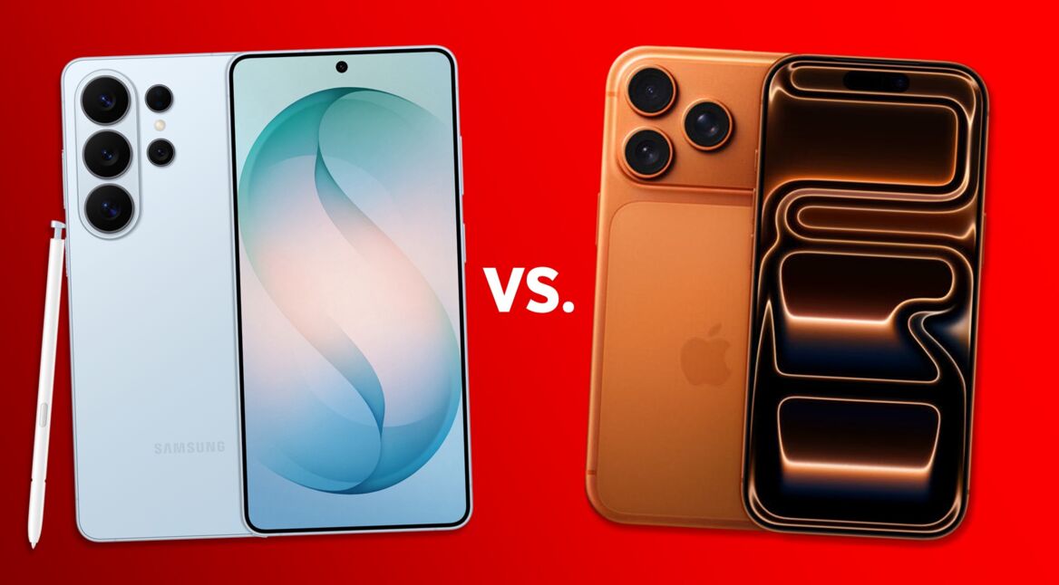 Das Samsung Galaxy S26 Ultra und das Apple iPhone 17 Pro Max vor rotem Hintergrund.