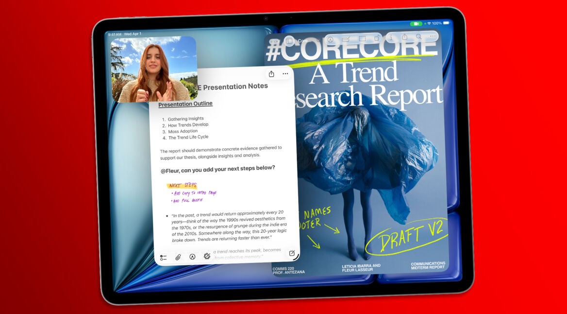 Das Bild zeigt das iPad Air 2026. Auf dem Display ist eine Multitasking-Session zu sehen.