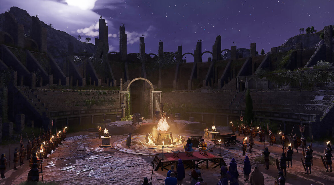 Nächtliche Szene im römischen Amphitheater in „Anno 117: Pax Romana“: In der Mitte brennt ein großes Feuer, um das sich Soldaten mit Fackeln und mehrere Personen versammeln.