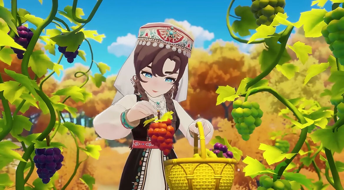 Ein Charakter erntet rote Trauben von einer Weinrebe in „Starsand Island“.