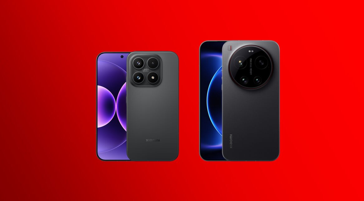 Auf dem Bild zum Xiaomi 17 (Ultra) sind nebeneinander das Xiaomi 17 und das Xiaomi 17 Ultra vor einem kräftig roten Hintergrund zu sehen. Links steht das Xiaomi 17 mit eckigem Kameramodul und vier Linsen auf der Rückseite, daneben die Vorderseite mit violettem Display. Rechts ist das größere Xiaomi 17 Ultra mit markantem, rundem Kameramodul und dunklem Display dargestellt. Die Präsentation wirkt modern und hochwertig.