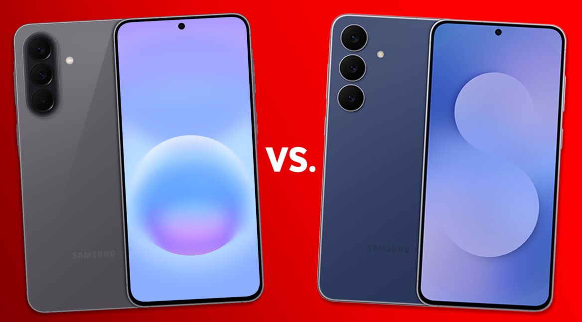 Das Galaxy A57 5G ist in Grau links, das Galaxy S25 FE in Blau rechts zu sehen.