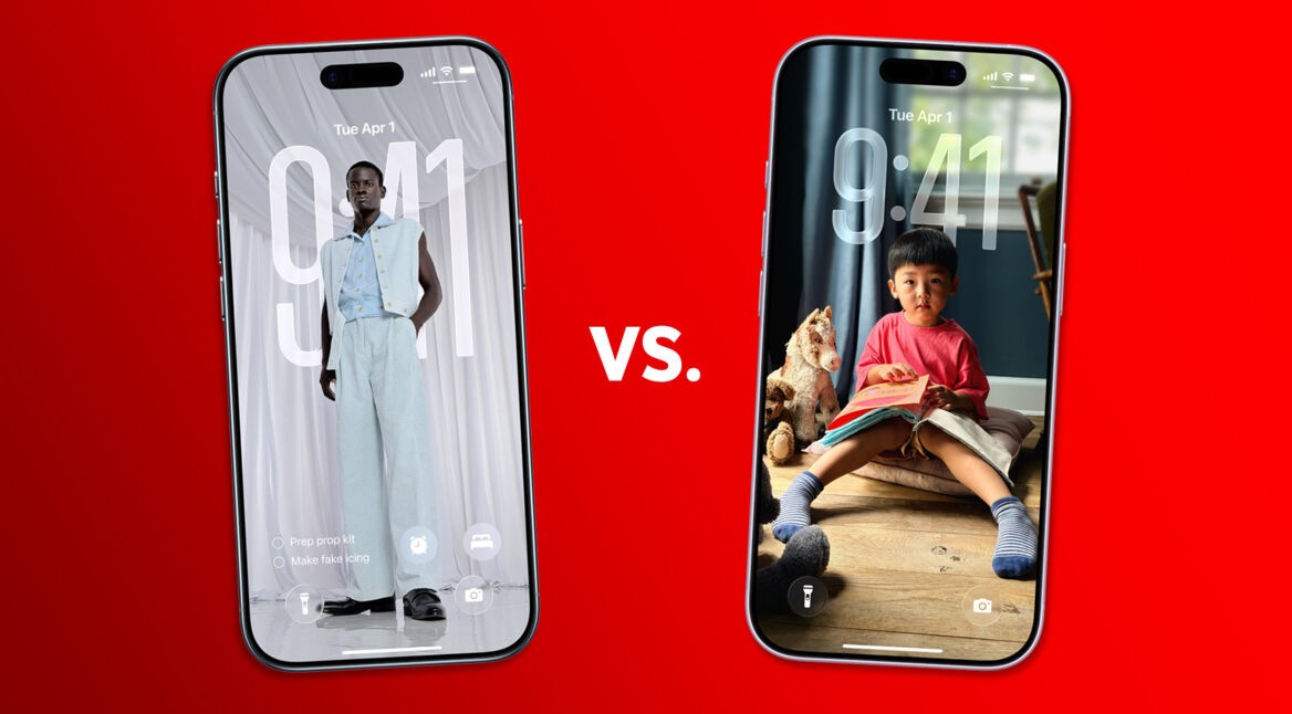 Der Sperrbildschirm des iPhone Air ist links, der Sperrbildschirm des iPhone 17 ist rechts zu ihnen mit einem vs-Schriftzug zwischen ihnen.