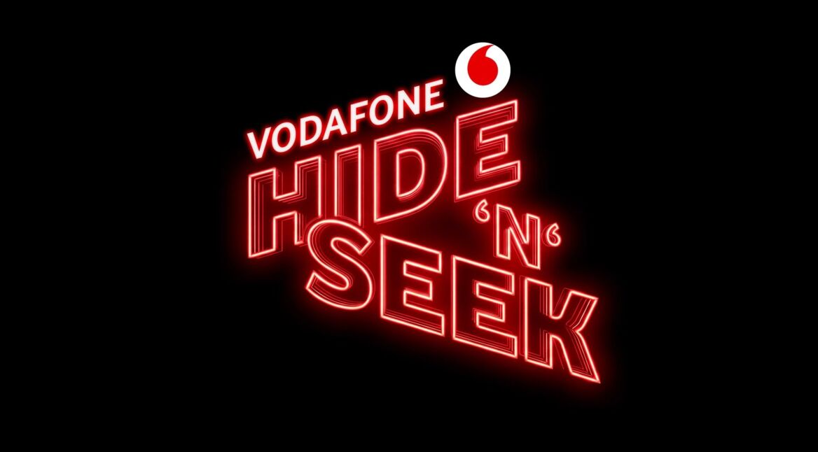 Auf schwarzem Hintergrund ist das Logo zu "Vodafone Hide'n'Seek" zu sehen