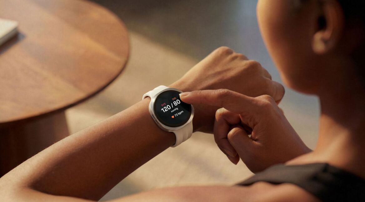 Frau schaut auf die Galaxy Watch9 an ihrem Handgelenk.