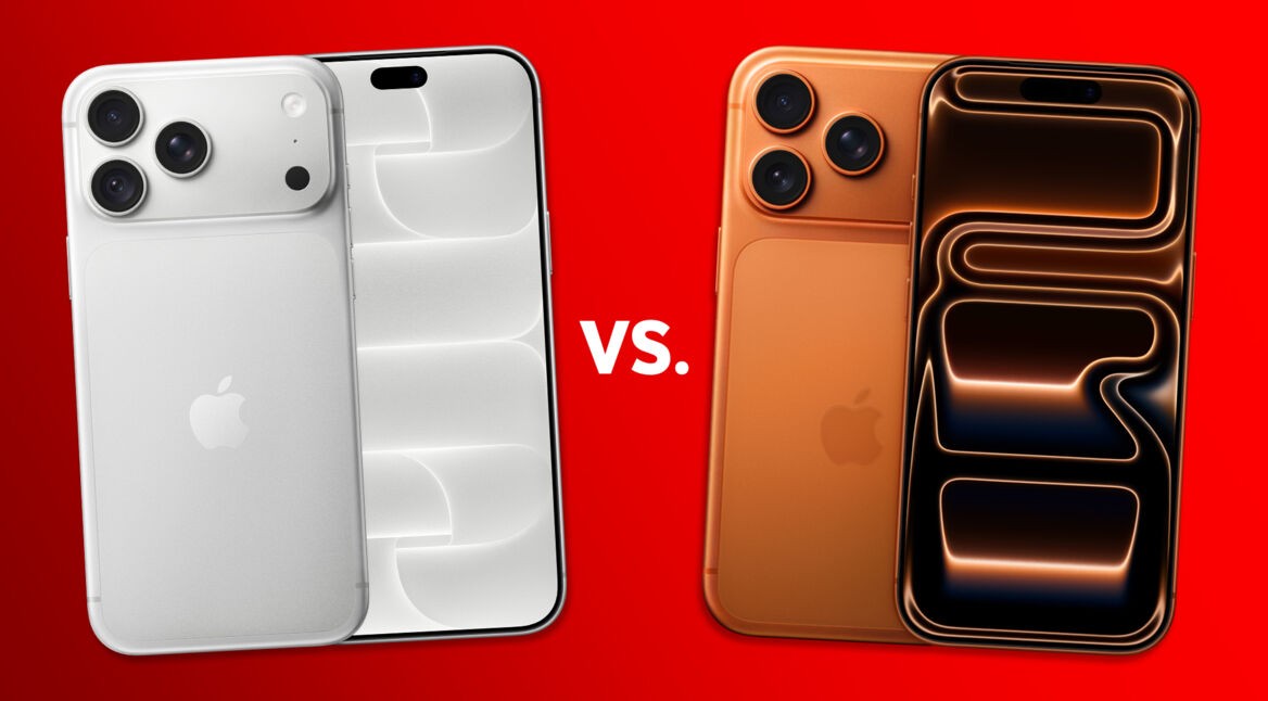 Das iPhone 18 Pro Max in Silber und das iPhone 17 Pro Max in Cosmic Orange sind zu sehen.