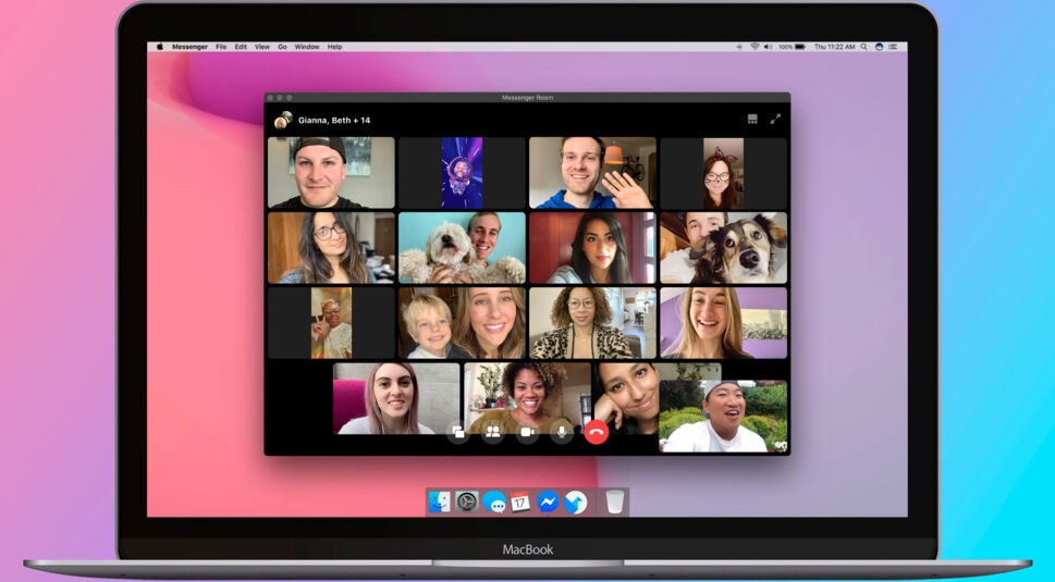 Gruppen-Videoanruf-Ansicht in Facebook Messenger Rooms mit vielen Teilnehmern auf MacBook