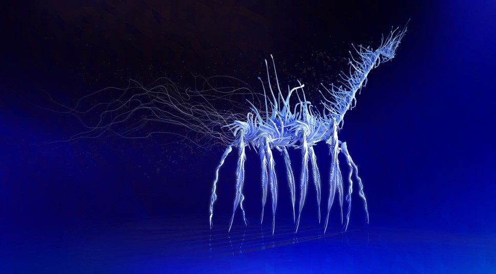 Ein Fantasiewesen mit Ast-artigem Körper aus dem Spiel "Paper Beast".