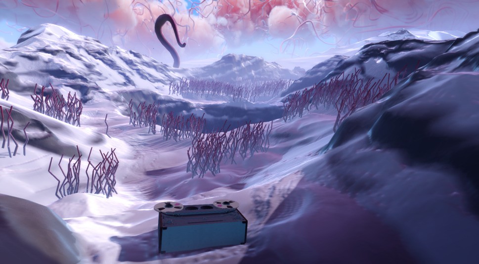 Eine Schneelandschaft aus dem SPiel "Paper Beast", im Hintergrund ragt ein Fantasiewesen mit langem Hals heraus.