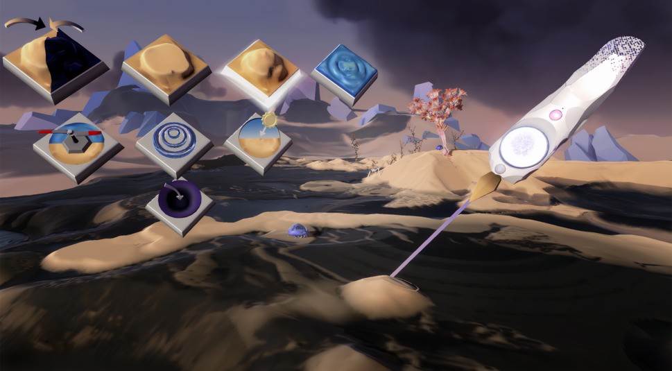 Mehrere Schaltflächen im Gestalter-Modus des Spiels "Paper Beast" inmitten einer Wüste, mit denen die Spielwelt umgestaltet werden kann.